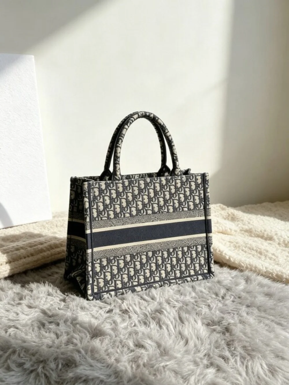 Dior Navy and Cream Book Tote with Logo Panel